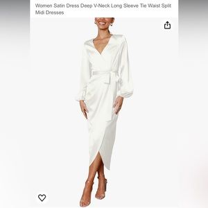 Women Satin Dress Deep V-Neck Long Sleeve Tie Waist Split
Midi Dresses